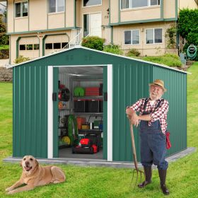 9.1' x 10.5' Outdoor Metal Storage Shed, Garden Tool Shed Storage House with Double Sliding Doors and 4 Vents for Backyard, Patio, Lawn, Green