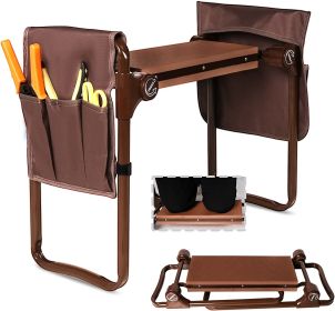 Heavy Duty Garden Kneeler and Seat Stool Garden Folding Bench with 2 Tool Pouches & EVA Foam Kneeling Pad,  Brown/Purple (sku: KM4003-DB)